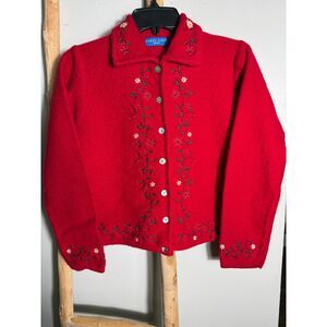 Vintage Karen Scott Wool Cardigan Womens M Red Floral Embroidered Cottagecore